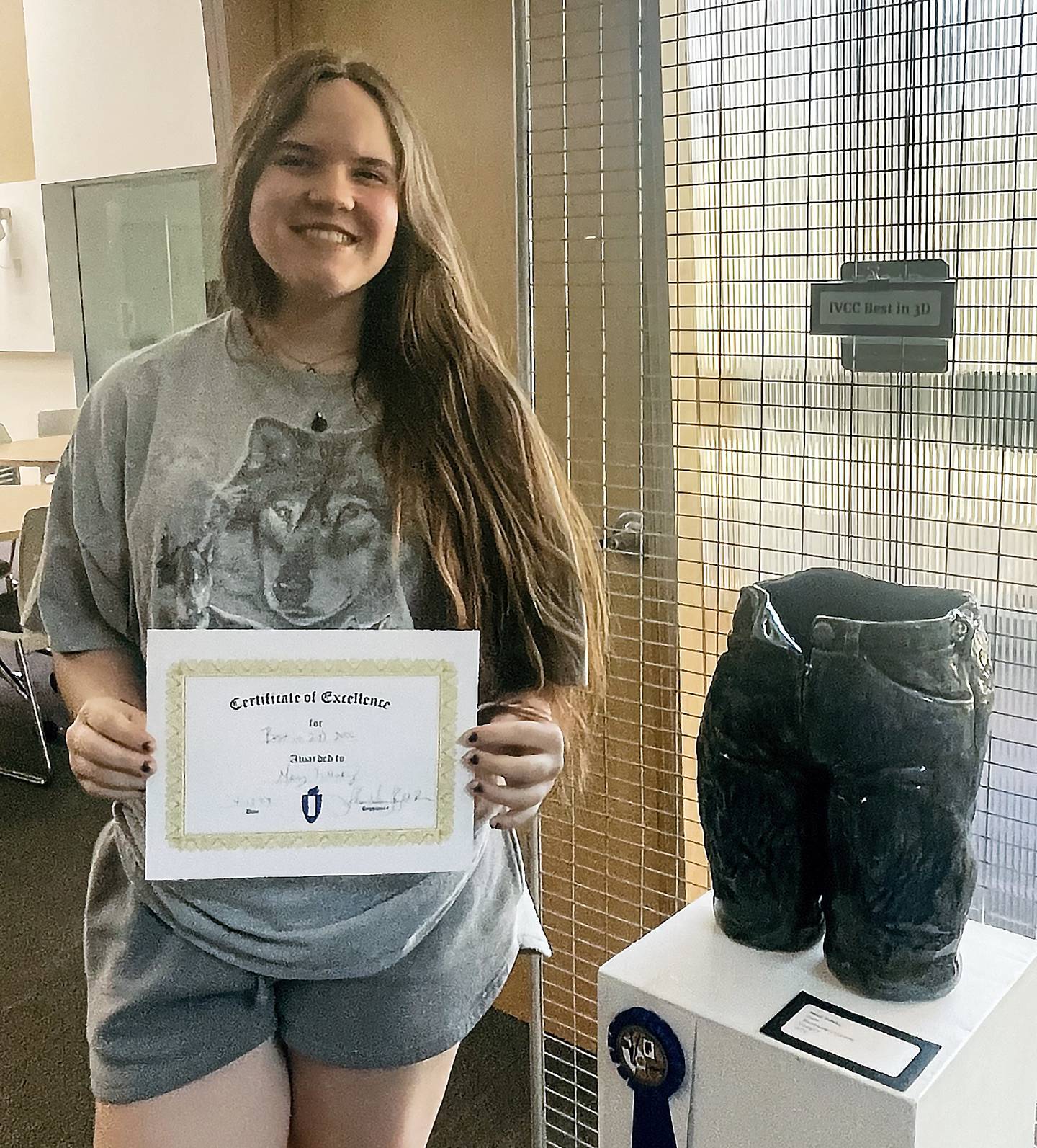 Mary Tutoky received first place in the College 3-D division at the Illinois Valley Community College Spring Art Show for a stoneware/ceramic glazed sculpture titled “Pants.” A two-week gallery display of all the art was followed by an awards ceremony last week.
