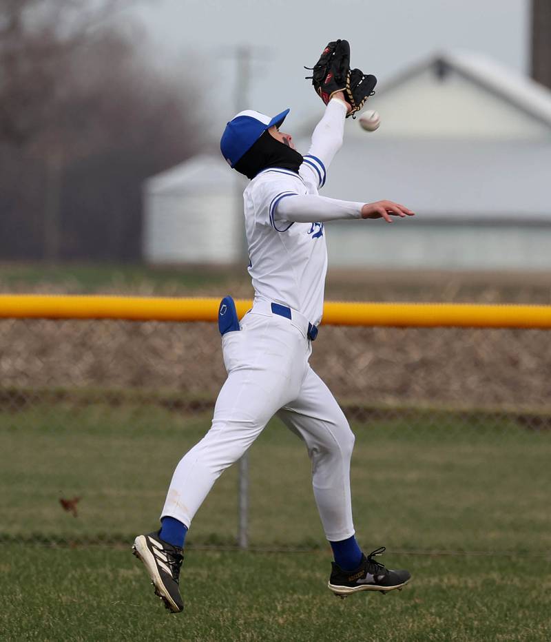 Hinckley-Big Rock’s Sawyer Smith can’t quite make the running catch during their game against Polo Thursday, April 3, 2025, at Hinckley-Big Rock High School.