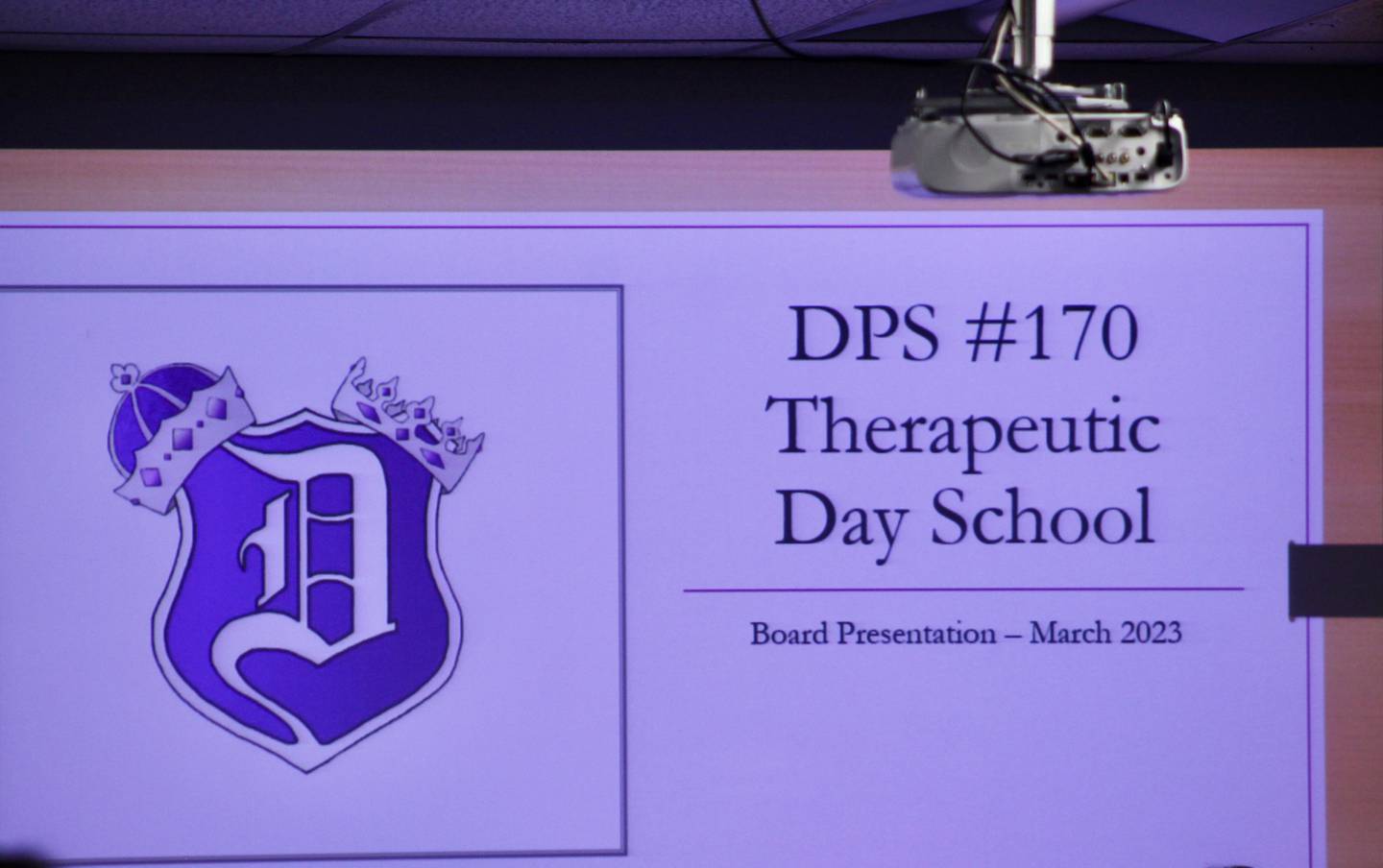 The opening slide of the Dixon Public Schools presentation for a therapeutic day school during the board of education meeting Wednesday, March 16, 2023.