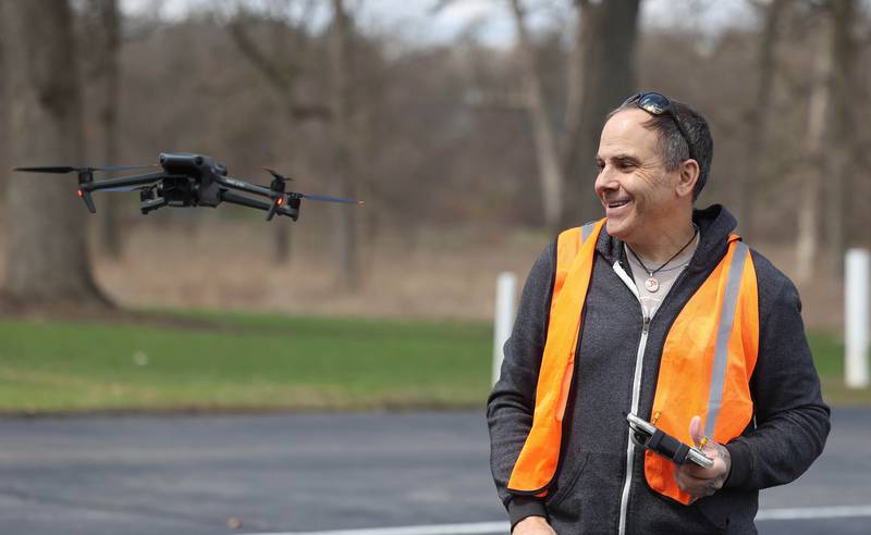 Anthony Tortoriello, of DeKalb, has some fun flying his drone Monday, April 6, 2026, at Hopkins Park in DeKalb.