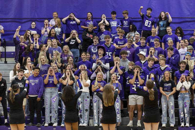 Celebrating their last homecoming pep rally, seniors at Dixon High School shout out their class number Friday, Sept. 27, 2024.
