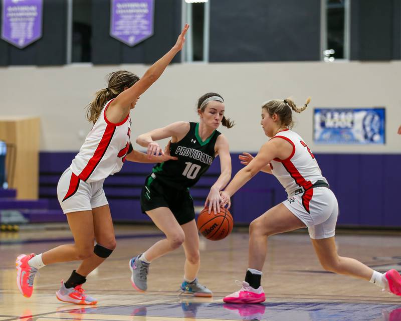 Providence's Molly Knight  (10) splits the defense in the WJOL Tournament Championship game. Nov 18, 2023.