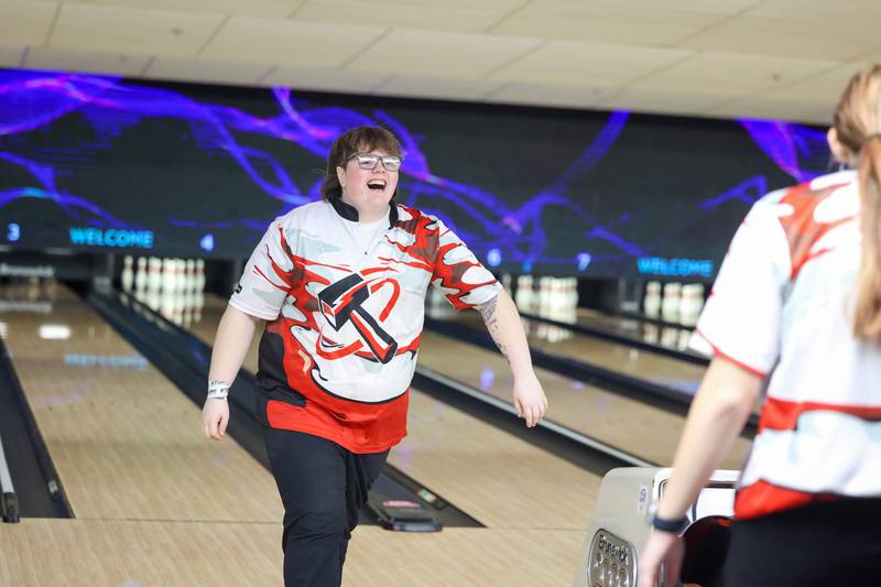 Bradley-Bourbonnais' Bri Dyer-Riegle smiles as she bowled three strikes in her final frame during the Boilermakers' victory over Kankakee, Peotone and Bishop McNamara in the All-Area matchup on Wednesday, Feb. 4, 2026.