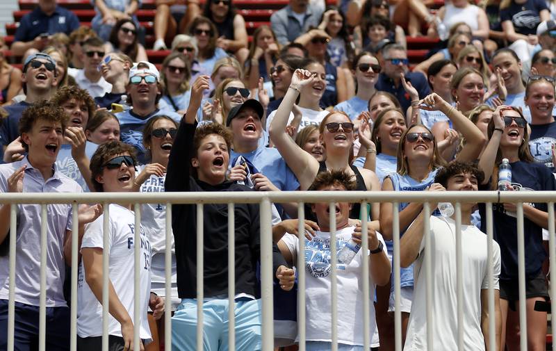 Nazareth Academy fans cheer for their team during a IHSA Class 2A State Girls Soccer semifinal match against St. Ignatius College Prep on Friday, June 6, 2025, at North Central College in Naperville.