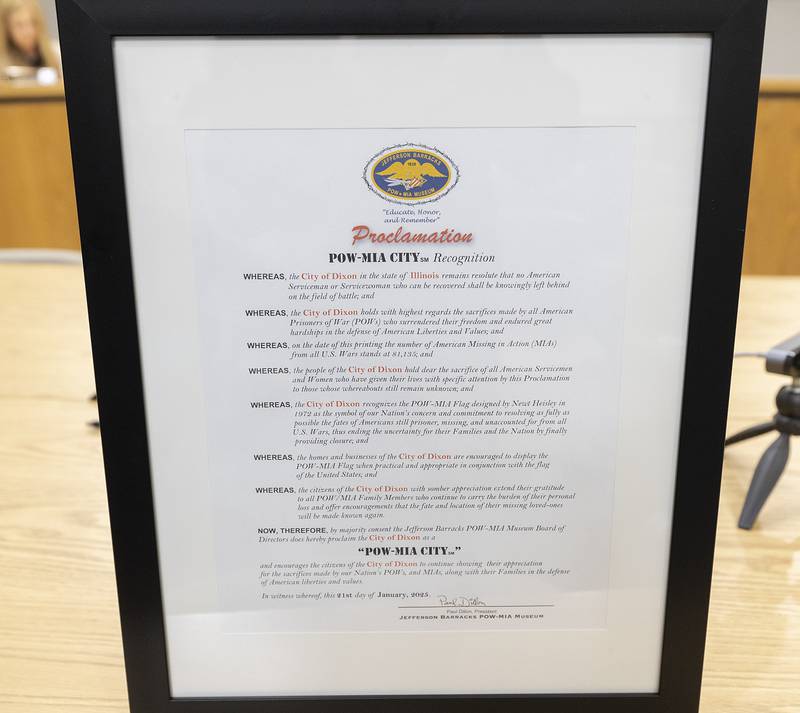 The framed proclamation was presented to the Dixon Veterans Park Commission on Monday, March 3, 2025.