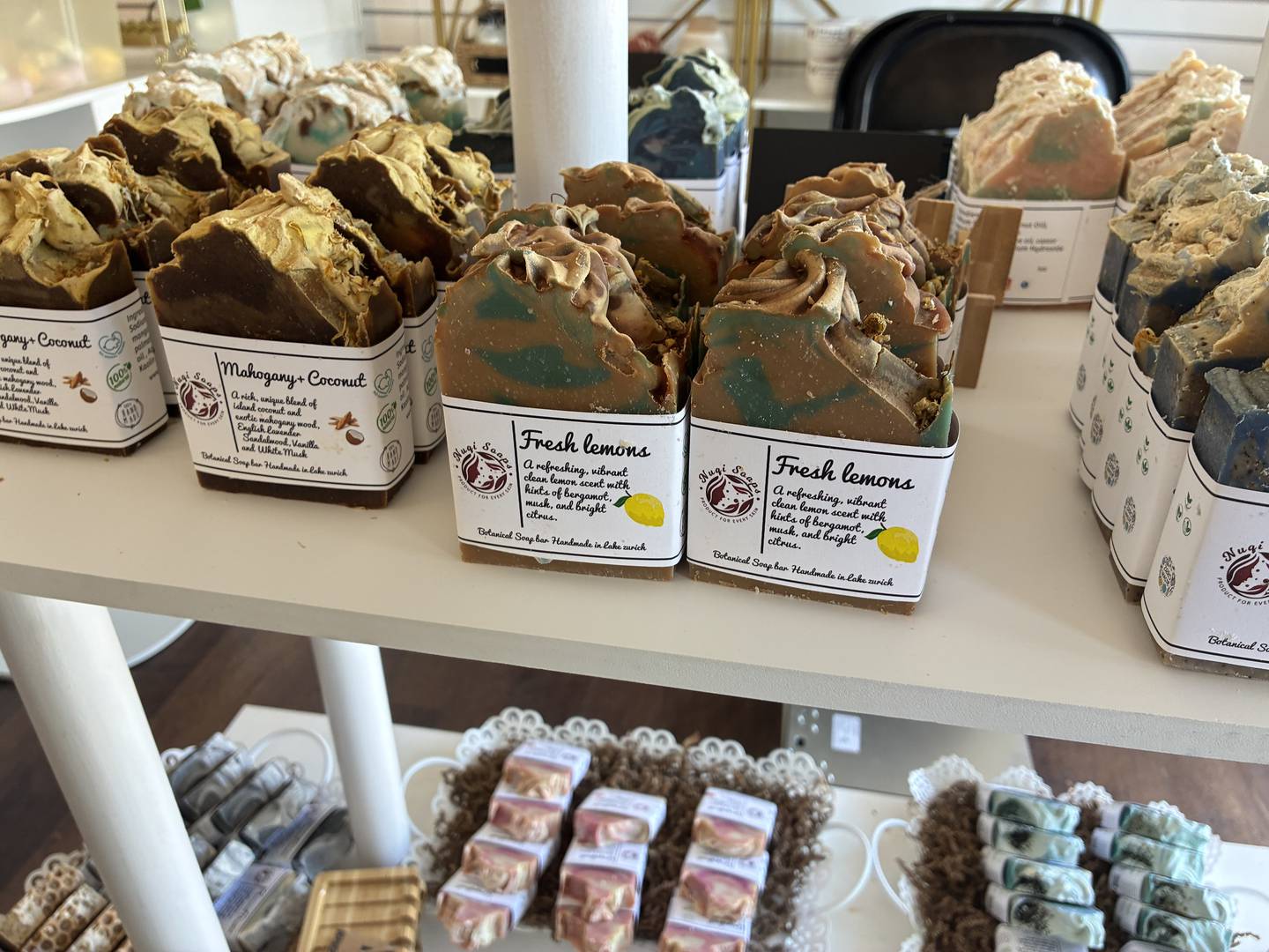 Nuqi Soaps lined up for sale on Sunday, April 26, 2026, at McHenry's Riverwalk Shoppes. The shops open for the season at 9:30 a.m. Friday, May 1.