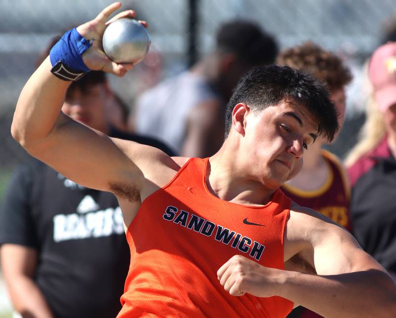 Sandwich’s Luis Murillo competes in the shot put in KRC Conference Track Meet action at Richmond-Burton High School in Richmond on Tuesday, May 13, 2025.