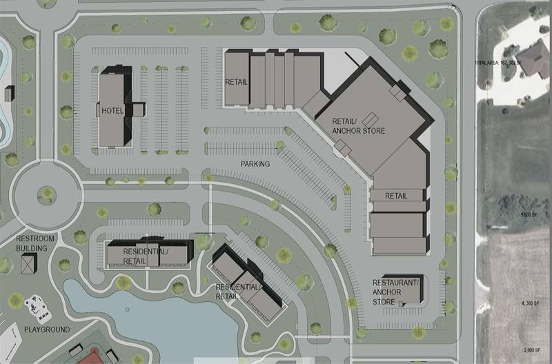 A drawing showing the northeast corner of Plank Road and 36th Street was shared Monday, Sept. 23, 2024, to give residents an idea of how a multi-faceted sports complex and city center may be laid out in Peru. Here, the drawing shows plans for a hotel, retail, pond with walking path and residential housing. These are not final plans.