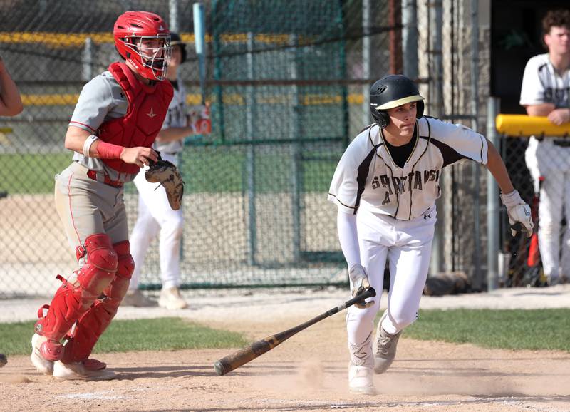 Sycamore's Jackson MacDonald watches as his ball lands in for a hit during their game against Ottawa Tuesday, May 6, 2025, at the Sycamore Community Sports Complex.