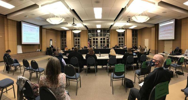 The Oswego School District Board of Education during a meeting in the Community Room at Oswego East High School, 1555 Harvey Road, Oswego.