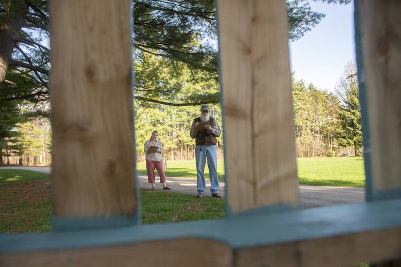 Carol Camper and David Bingaman look over a pallet on display in Lowell Park’s Pinetum Thursday, April 21, 2022. The Dixon Park District distributed the pallets to local artists as a blank canvas to decorate in honor of earth day. The two were judging the almost 20 submissions for an award. The works will be on display at the park until May 31.