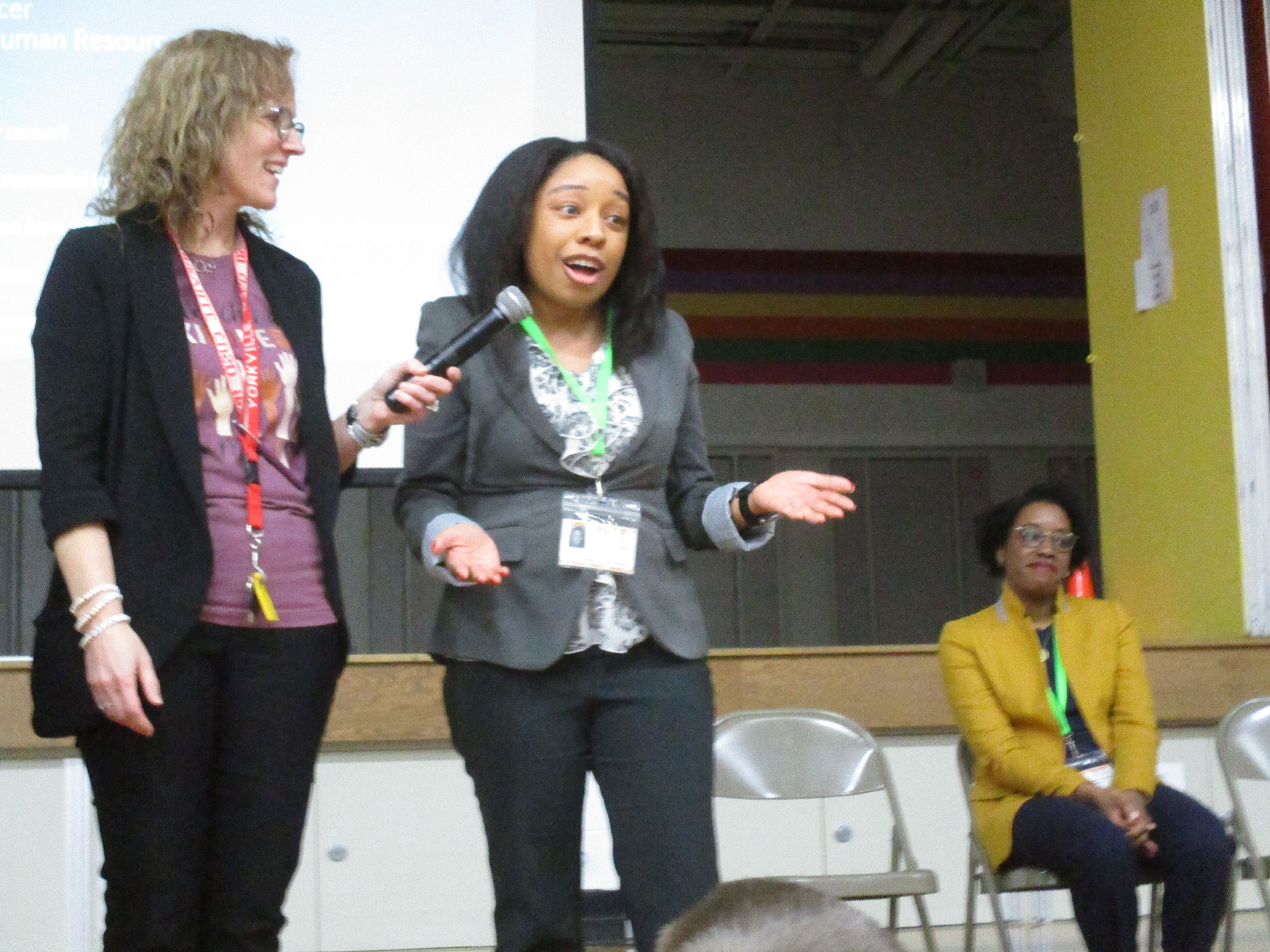 Congresswoman Lauren Underwood, right, is seen here with Yorkville Circle Center Grade School Principal Shannon Hamm on Feb. 17, 2023.