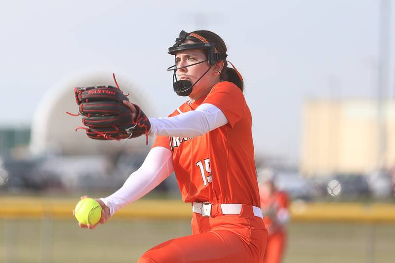 Lincoln-Way West’s Abby Brueggmann delivers a pitch against Plainfield South on Tuesday, March 24, 2026 in Plainfield.