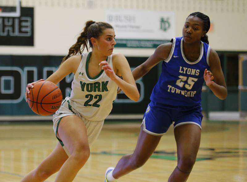 York's Stella Kohl (22) drives to the basket during the girls varsity basketball game between Lyons Township and York high schools on Friday, Dec. 16, 2022 in Elmhurst, IL.