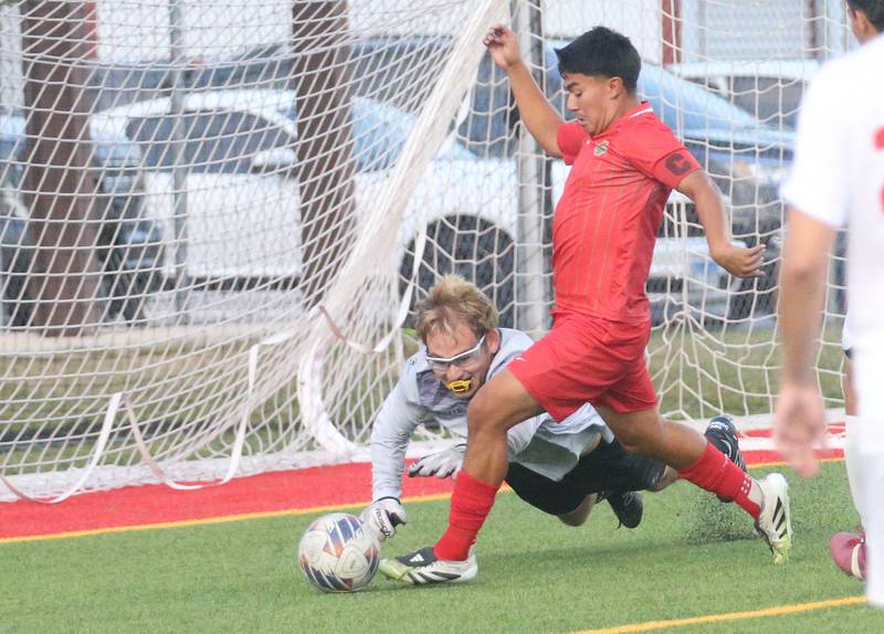 L-P's Ismael Mejia kicks the ball past Ottawa keeper Landry Brenbarger on Monday, Oct. 6, 2025 at the L-P Athletic Complex in La Salle.
