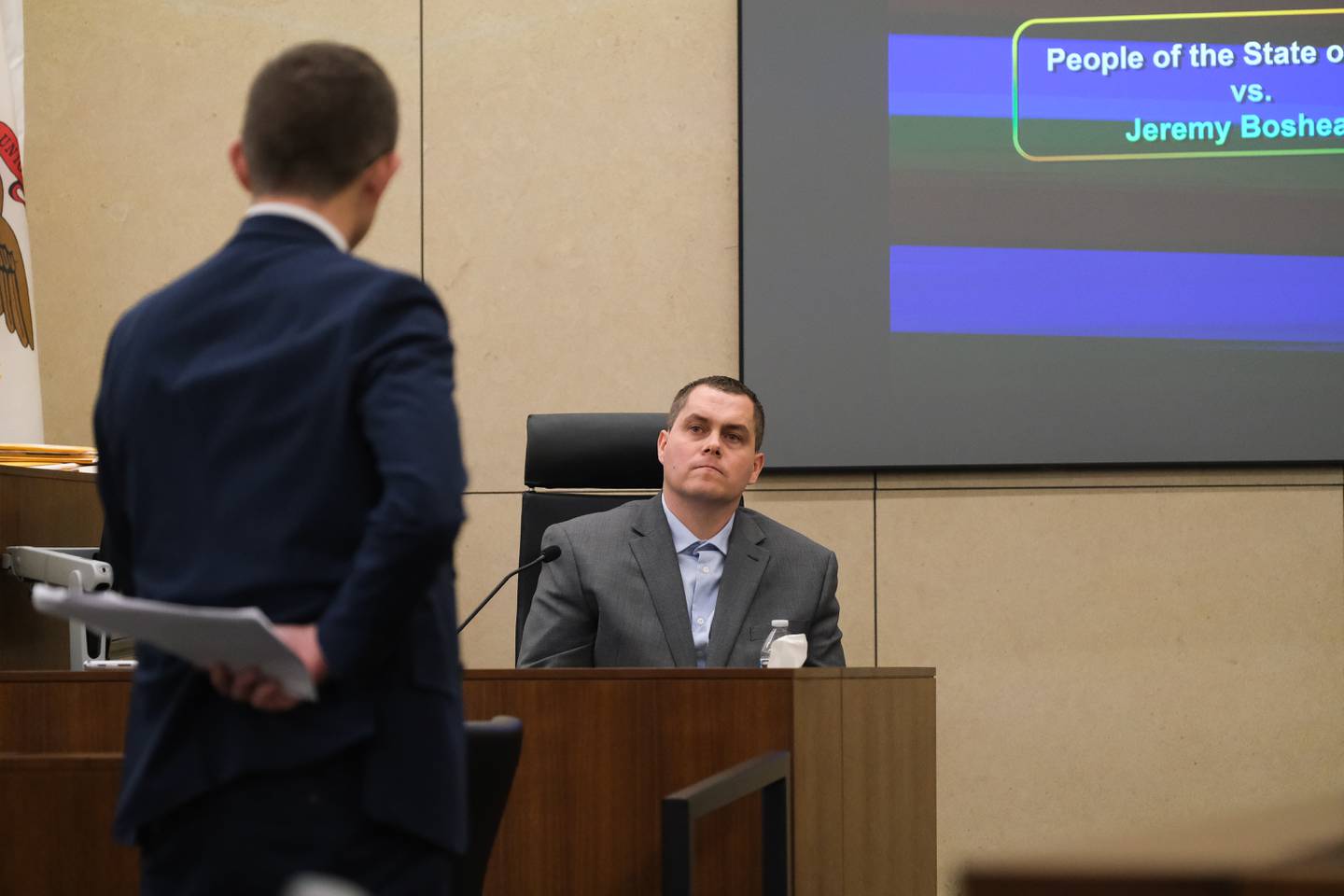 Jeremy Boshears, 36, listens to Prosecuting attorney Daniel Egan during cross examination. Boshears is charged with the murder of Kaitlyn “Katie” Kearns, 24, on Nov. 13, 2017. Wednesday, April 27, 2022, in Joliet.