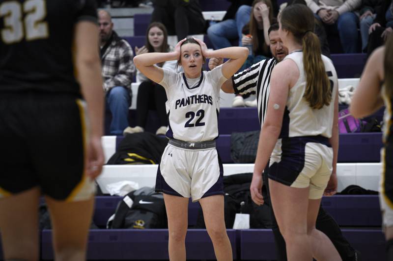 Manteno's Sophie Peterson, center, reacts to a call in a game against Herscher on Thursday, January 15, 2026.
