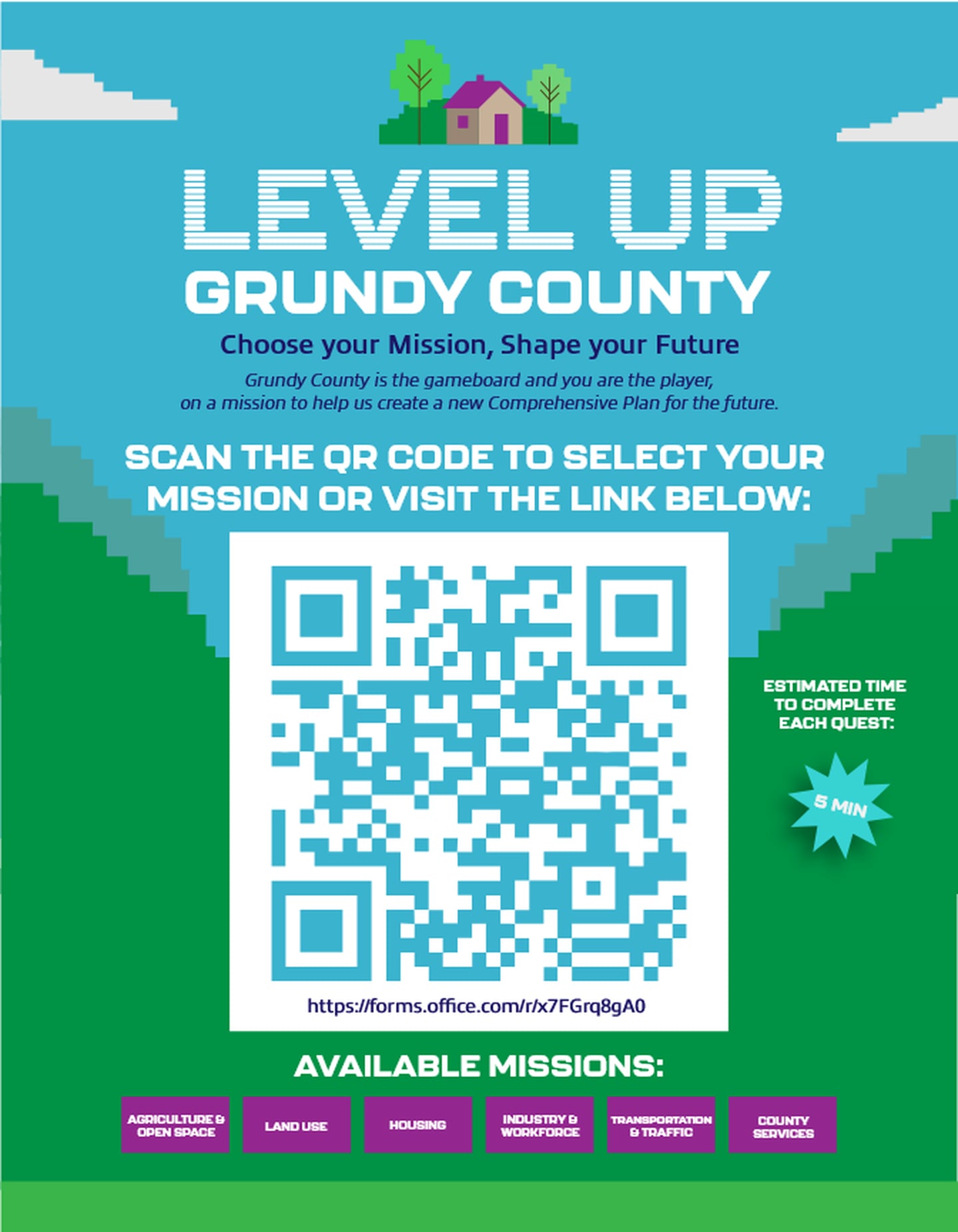 Grundy County residents are asked to scan the QR code or follow the link in this flyer to help Grundy County develop its Comprehensive Plan.