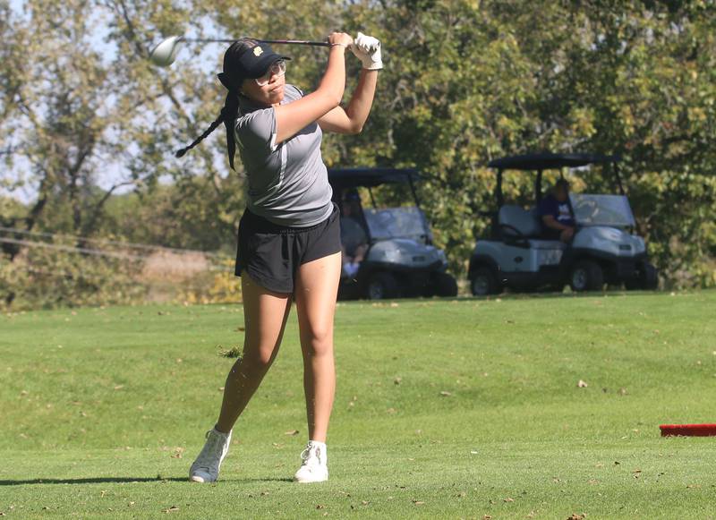 Putnam County's Ariel Dorado tees off during the Class 1A Regionals on Tuesday, Sept. 30, 2025 at Spring Creek Golf Course in Spring Valley.