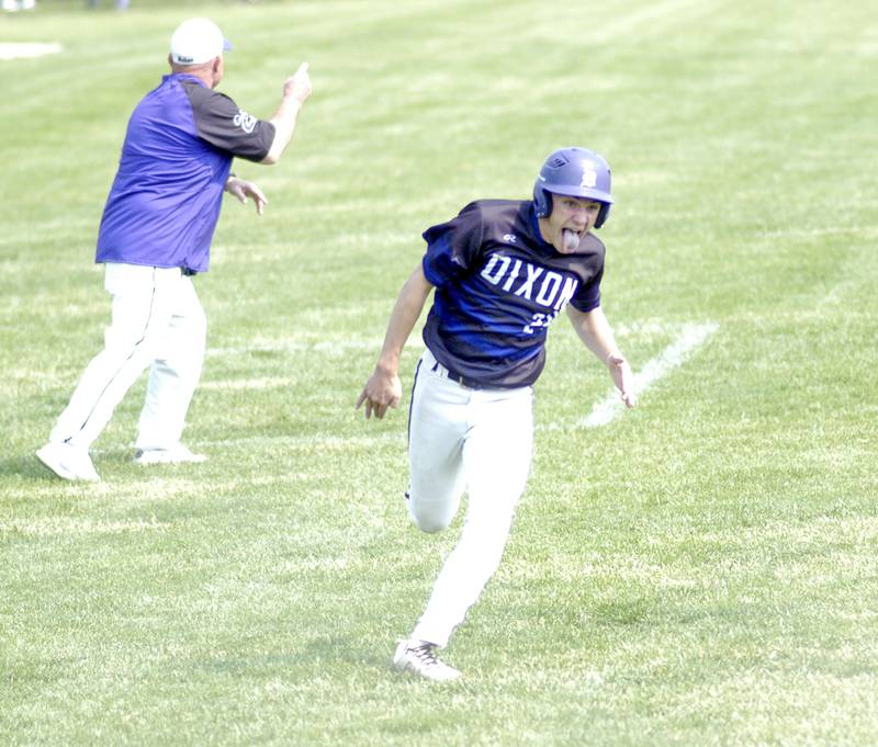 Dixon's Brady Feit rounds third and heads for home Dixon defeated Sterling 10-2 to win the Freeport regional in Freeport on May 31st, 2025.
