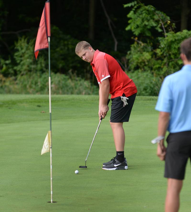 Erie-Prophetstown's Kenny Gerlach watches his putt during a Monday, Aug. 18, 2025 match with Oregon High School at Silver Ridge Golf Course north of Oregon.