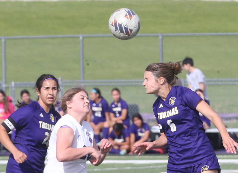 Mendota's Noemi Arteaga and teammate Kaley Siemer keep the ball away from Dixon's Carlie Cook on Wednesday, May 1, 2024 at Mendota High School.