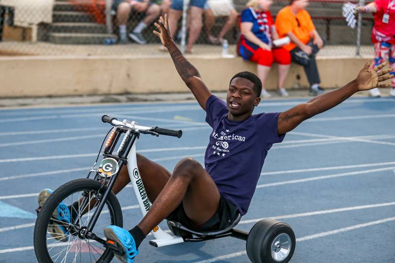Adlers Team's Jakqari Harvey finishes first in his race during the Great American Big Wheel Race.  July 22nd, 2023