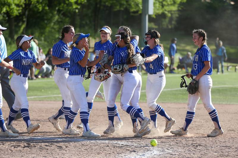 St Charles North Celebrates their victory for the Class 4A Glenbard West Regional Final softball game over Glenbard North.  May 26, 2023.