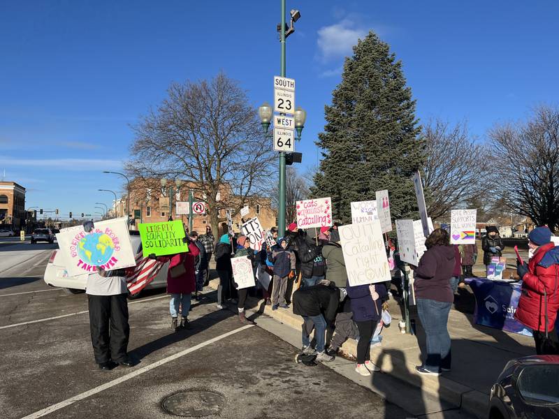 Dozens gather at 9 a.m. in Sycamore on Saturday, Jan. 18, 2025, to begin a march for women's rights in downtown Sycamore near the DeKalb County Courthouse. The local rally was held on the same day as the national women's march organized in Washington, D.C. days before Donald Trump's second presidential inauguration.