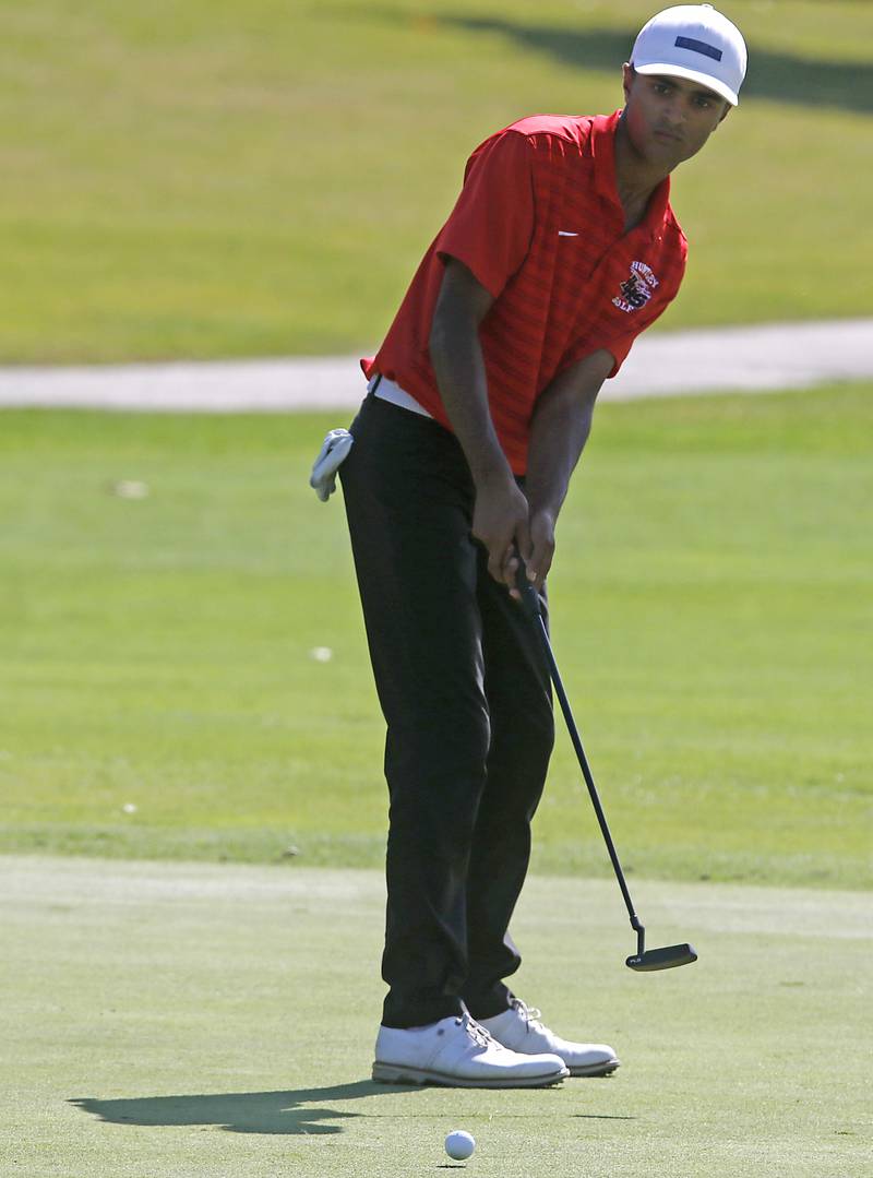 Huntley’s Taig Bhathal putts on the 6th green during the Fox Valley Conference Boys Golf Tournament Wednesday, Sept. 25, 2024, at RedTail Golf Club in Lakewood.