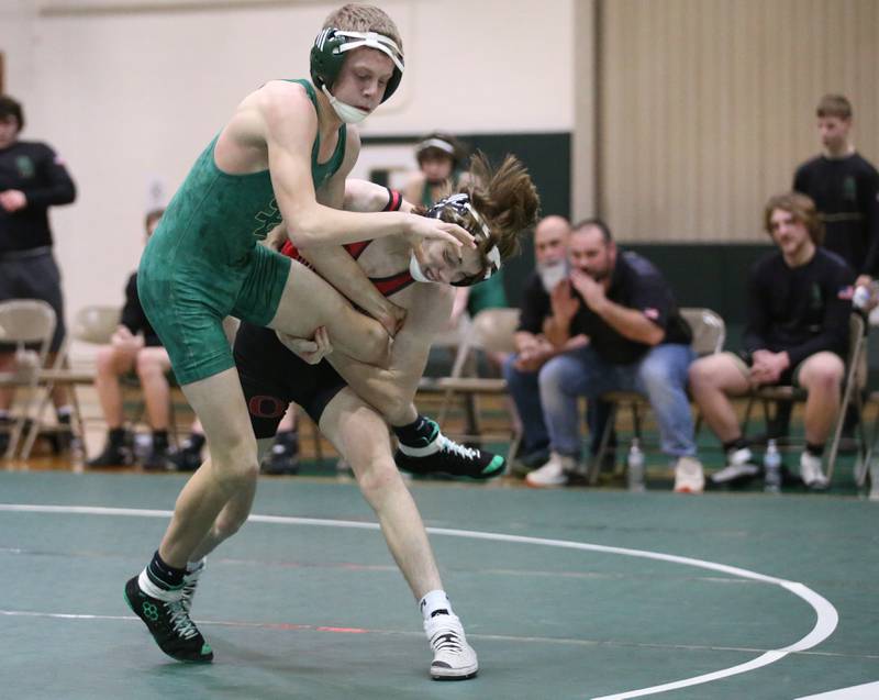 St. Bede's Hunter Savage wrestles Orion's Cole Perkins during a triangular meet on Wednesday, Jan. 18, 2023 at St. Bede Academy.