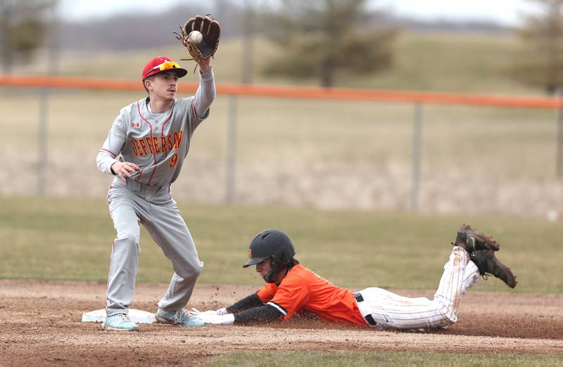 DeKalb's Nathaniel Nunez slides in safely with a stolen base as Jefferson's Antonio Casas takes the throw during their game Wednesday, April 6, 2022, at DeKalb High School.