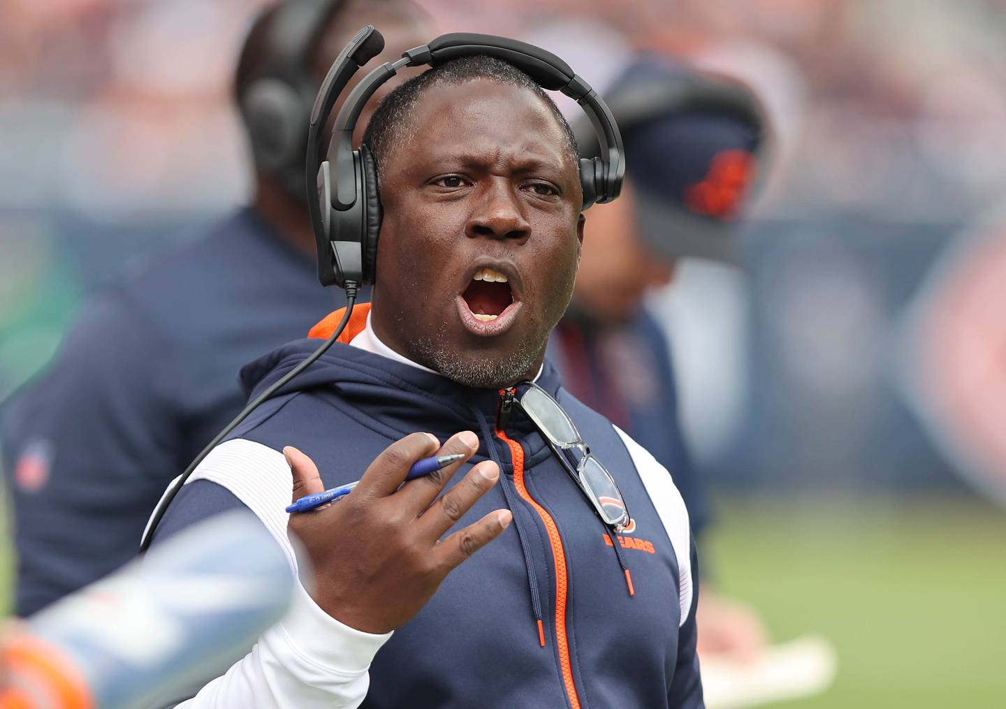 Chicago Bears defensive coordinator Alan Williams talks to a player during their game against the Houston Texans Sunday, Sept. 25, 2022, at Soldier Field in Chicago.