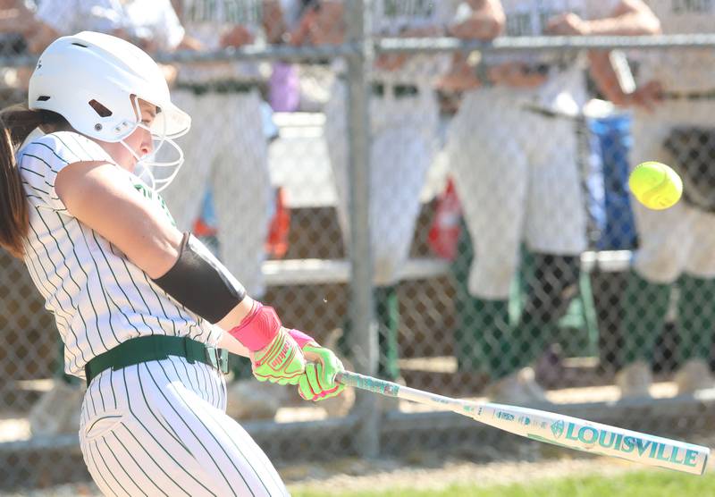 St. Bede's Ella Burke gets a hit against Dwight on Friday, May 15, 2026 at St. Bede Academy.