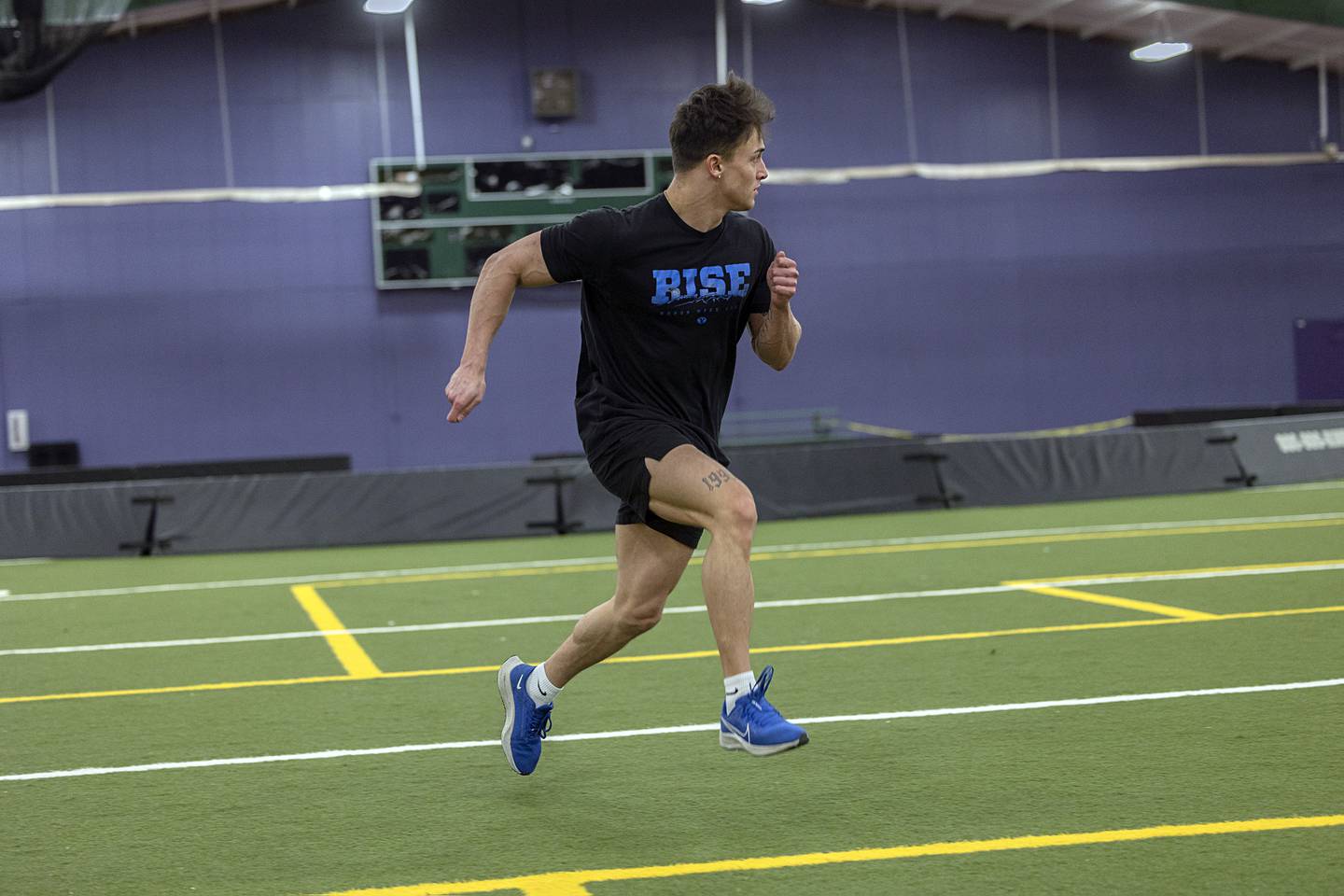 Easton Bianchi, a 2018 Newman High School graduate, runs routes Monday, March 4, 2024 at Westwood in preparation of his place on Indoor Football League’s Quad City Steamwheelers.