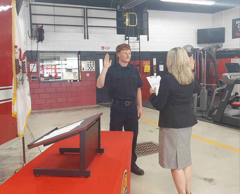 Daniel Crowe is sworn in as a full-time firefighter and EMT of the Princeton Fire Department by City Manager Theresa Wittenauer on Monday, May 20, 2024, at the Princeton Fire Department.