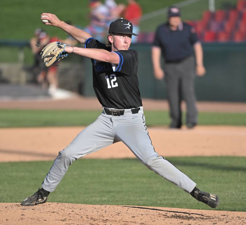 St. Charles North pitcher Jake Kujak throws against St. Charles East in the third game of their inter-city series at Northwestern Medicine Field in Geneva on Tuesday, April 20, 2024.
