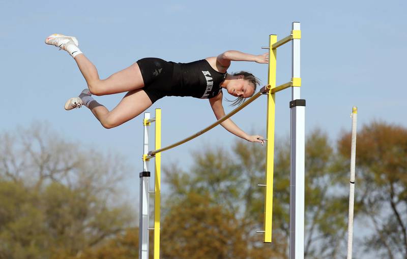 Jessica Phillipp, of Kaneland competes in the pole vault during the Kane County girls track and field meet Thursday April 27, 2023 in Aurora.