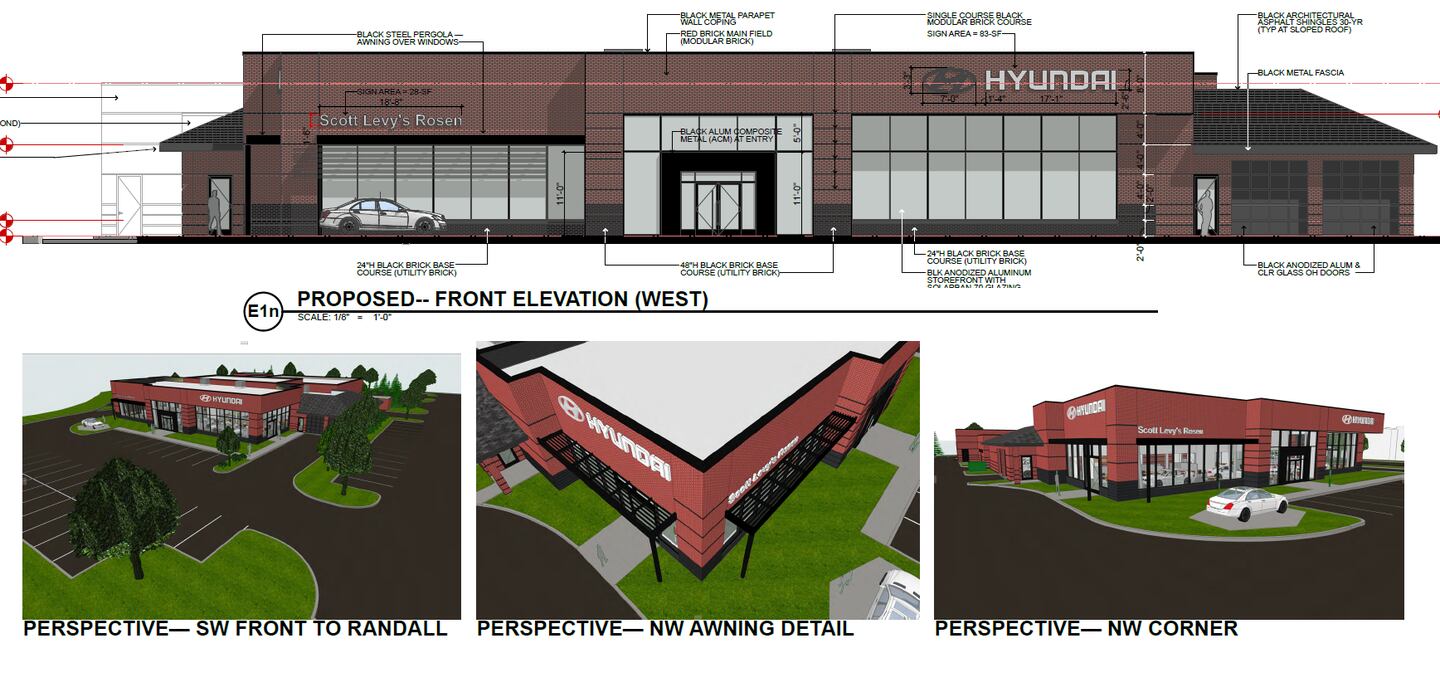 Renderings for the expanded showroom at the Rosen Hyundai dealership in Algonquin. The dealership is adding space to accommodate EV vehicles from Hyundai's Ioniq line.
