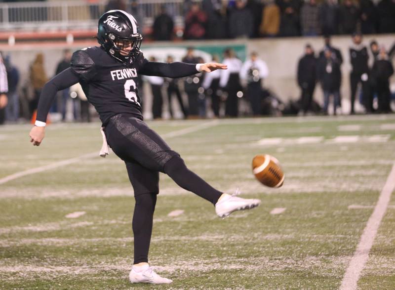 Fenwick's Noah Sur punts the ball during the Class 6A State championship game on Tuesday, Dec. 2, 2025 in Hancock Stadium at Illinois State University in Normal.