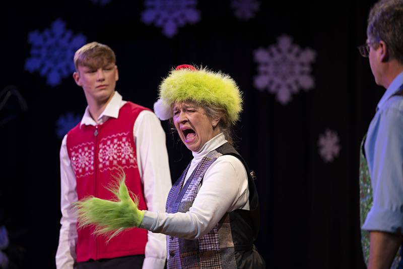 Connie Augsburger rehearses a scene from Pinecrest Grove Theater’s “Every Christmas Story Ever Told (And Then Some!)” Wednesday, Dec. 7, 2022. Told in a series of vignettes, three cast members sum up many of the holiday season’s favorite Christmas stories with hilarious results. Also starring Zander VandeSand and Morgan McConnell.