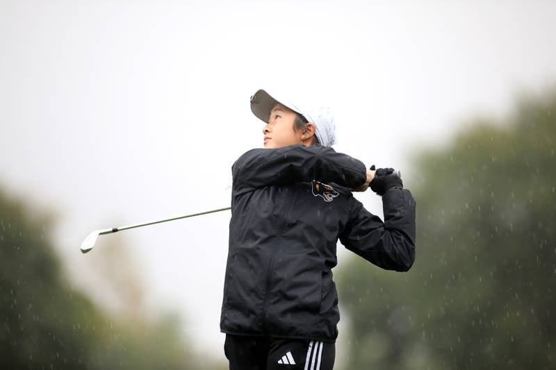 Glenbard North’s Amanda Nguyen tees off during the DuKane Conference Girls Golf Championship on Tuesday, Sept. 24, 2024 at Phillips Park Golf Course in Aurora.