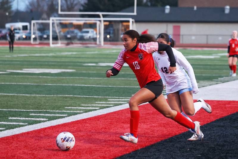 Bradley-Bourbonnais' Nia Lawrence breaks away with possession during the Boilermakers' 3-2 victory over Kankakee in the All-City matchup on Thursday, March 27.