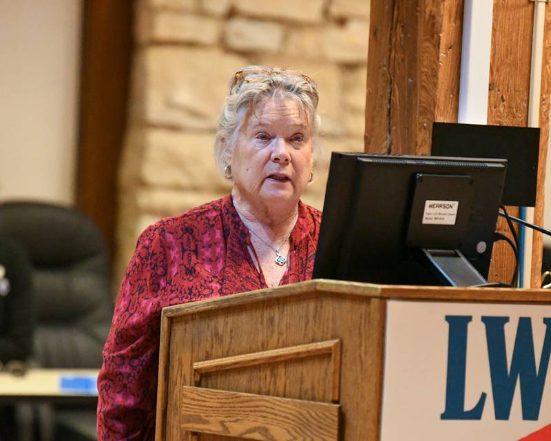 Voter Service Chair of League of Woman Voters Patti Hayes Lackman welcomes everyone to the League of Woman Voters forum on Tuesday Feb. 20, 2024, held at Batavia's city Hall.