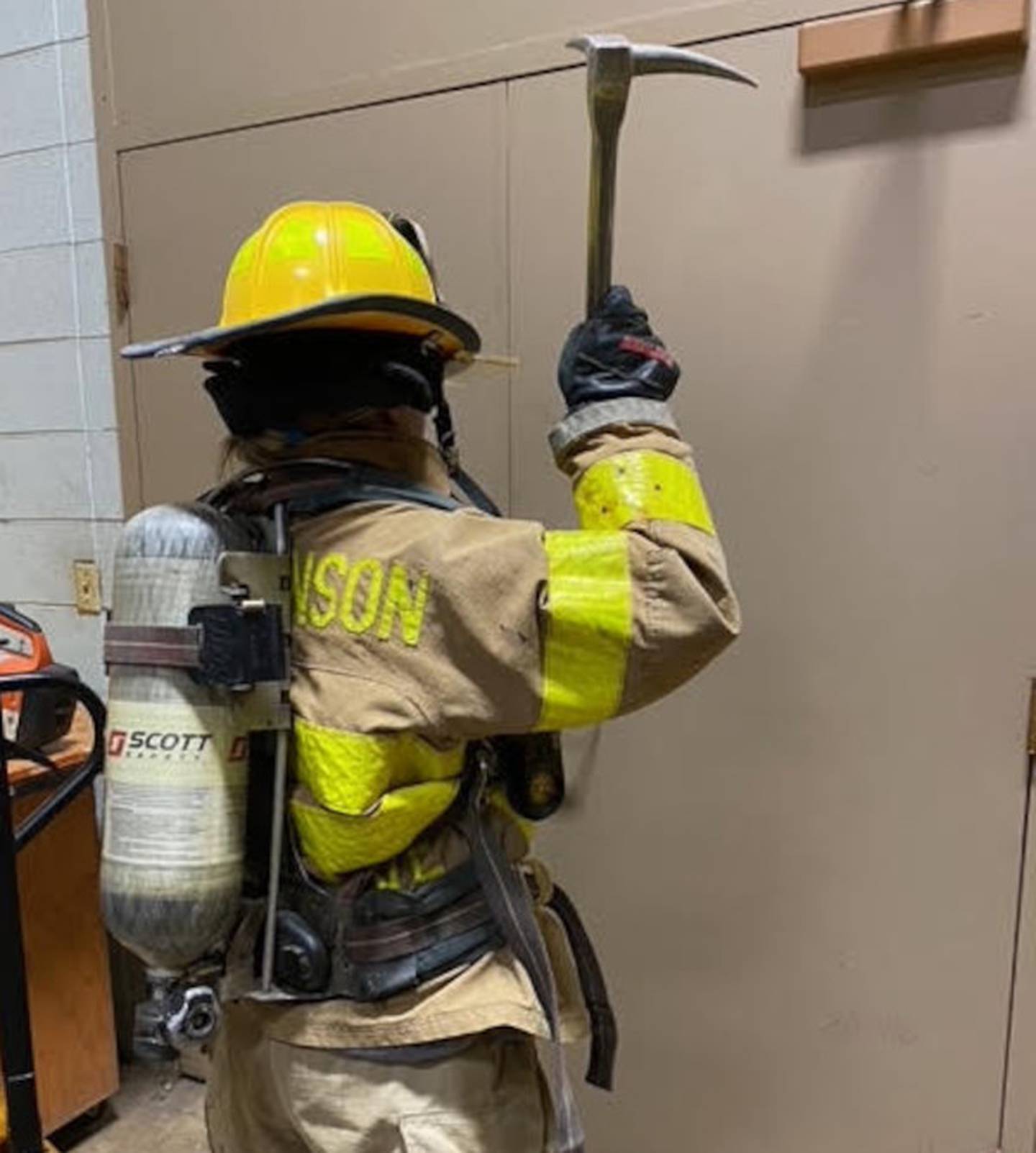 Fire Science training scenarios at IVVC are enhanced by the use of helmets, fire boots, and Scba air pack bottles.