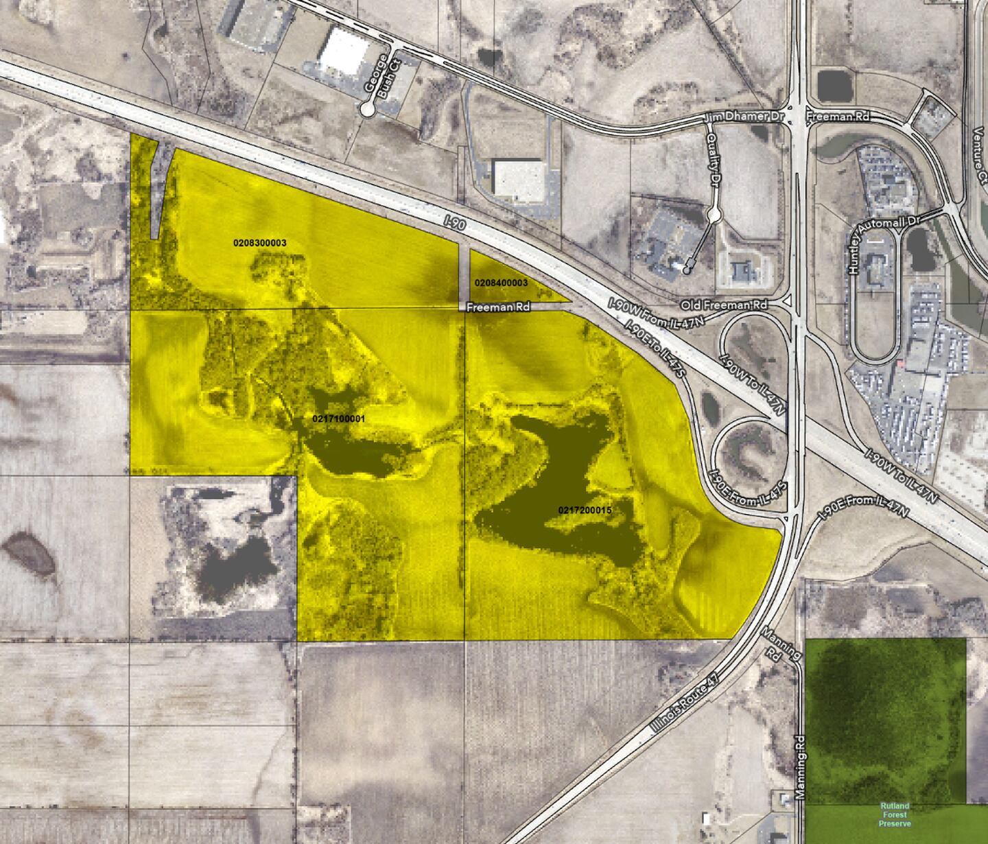 A map shows the location of about 300 acres of land at I-90 and Route 47 in Huntley that the Kane County Forest Preserve District is planning to acquire. The village asked that land fronting Route 47 be set aside for potential future development.