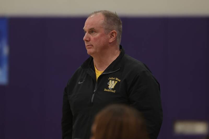 Joliet West head coach John Palcher during the game against Joliet Catholic in the WJOL Basketball Tournament at Joliet Junior College Event Center on Monday