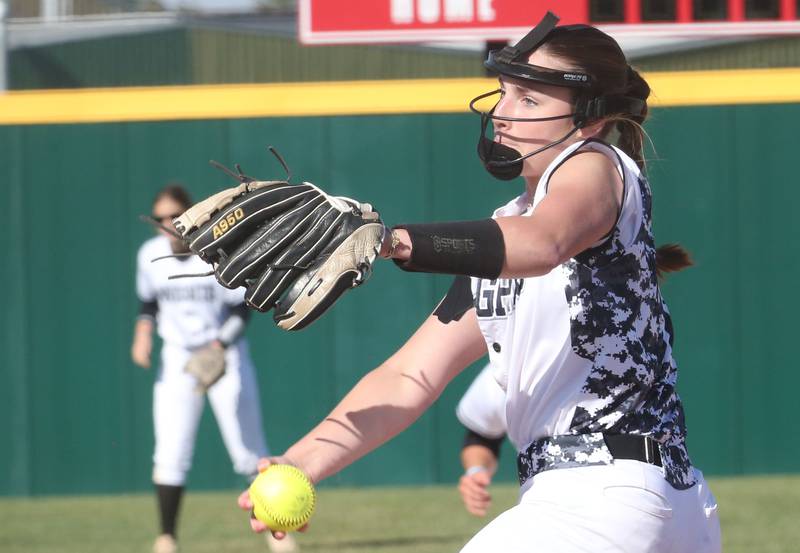 Kaneland pitcher Brynn Woods fires a pitch to L-P on Wednesday, April 2024 at the L-P Athletic Complex in La Salle.
