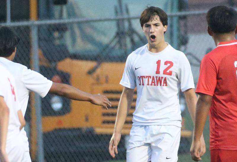 Ottawa's Luca Fernandez reacts after scoring a goal on a penalty kick in the box against L-P on Monday, Oct. 6, 2025 at the L-P Athletic Complex in La Salle.