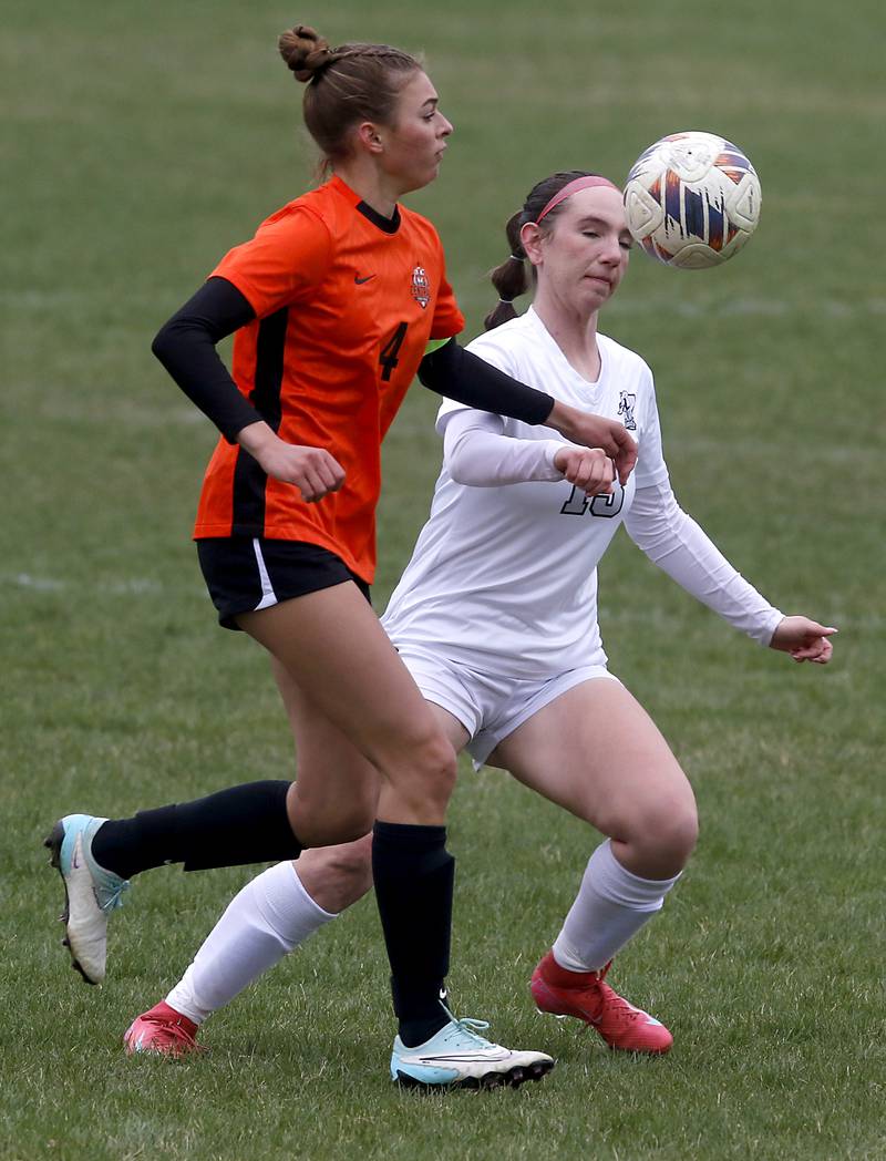 Crystal Lake Central's Hadley Ferrero battles with Kaneland's Kyra Lilly for the ball during a nonconference soccer game on Thursday, April 10, 2025, at Crystal Lake Central High School.